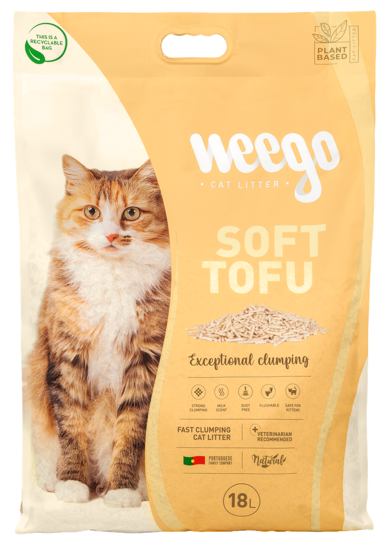 Sacs de litière végétale Weego Soft Tofu pour chat, formats 6 L et 18 L, avec granulés de tofu
